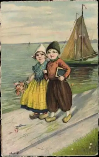 Ak Kinder in niederländischen Trachten, Tulpen, Segelboot