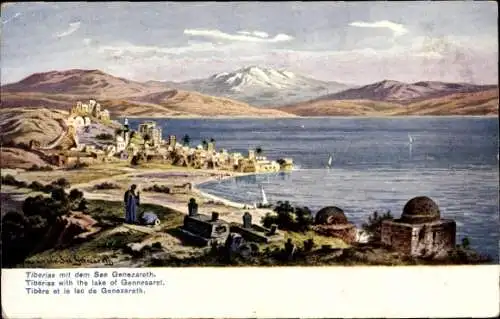 Künstler Ak Perlberg, F., Tiberias Israel, Panorama, See Genezareth