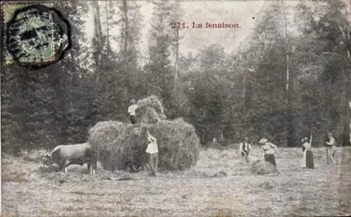 Ak Landwirtschaft, Heuernte, Fuhrwerk, Bauern, Rinder