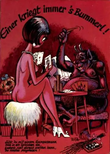 Künstler Ak Krampus, Teufel und nackte Frau spielen Karten