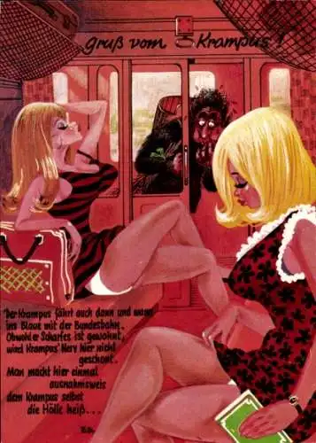 Künstler Ak Krampus, Teufel, Schlafende Frauen im Zug