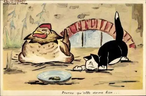 Künstler Ak Capler, G., Schwarz-weiße Katze und Henne
