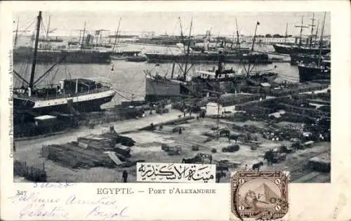 Ak Alexandria Ägypten, Port, Hafen mit Frachtdampfern