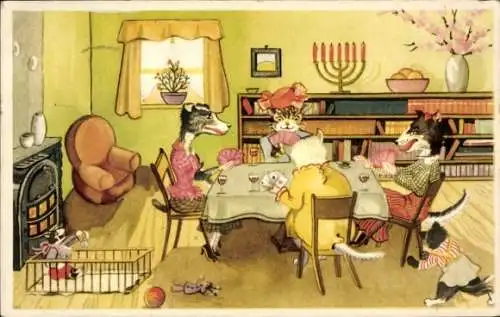 Ak Vermenschlichte Tiere, Hunde, Katzen, Kartenspiel, Spielzeuge