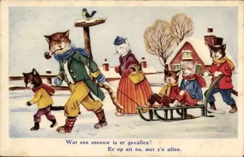 Ak Vermenschlichte Katzen mit Schlitten im Schnee