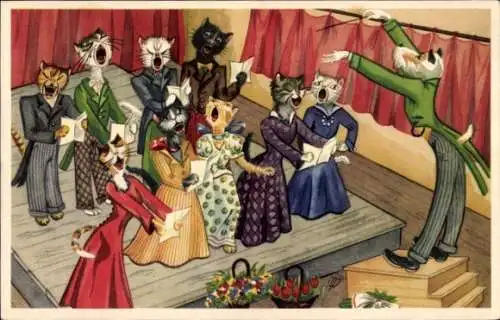 Ak Vermenschlichte Katzen beim Singen, Hund als Dirigent