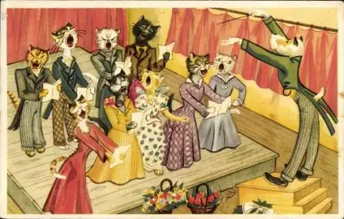 Ak Vermenschlichte Katzen beim Singen, Hund als Dirigent