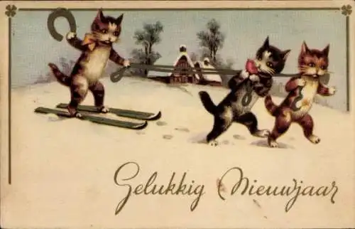 Ak Glückwunsch Neujahr, Vermenschlichte Katzen, Skifahrt, Hufeisen