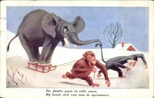 Künstler Ak Goris, R., Schlitten mit einem Elefanten von Affen gezogen