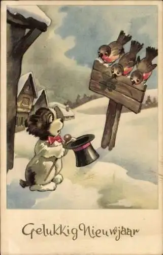 Ak Glückwunsch Neujahr, Hund mit Zylinder, Glücksklee, Vögel