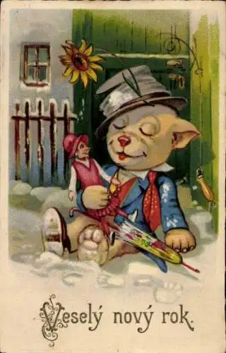 Ak Glückwunsch Neujahr, Vermenschlichte Tiere, Schlafender Hund, Puppe, Schirm