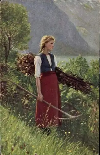 Künstler Ak Pastor Normann, E., Wenn der Frühling auf die Berge steigt, Mädchen mit Heurechen