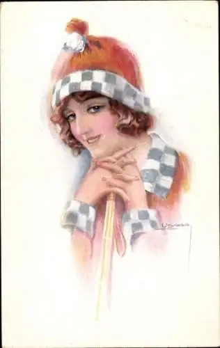 Künstler Ak Usabal, L., Portrait einer jungen Frau, Mütze