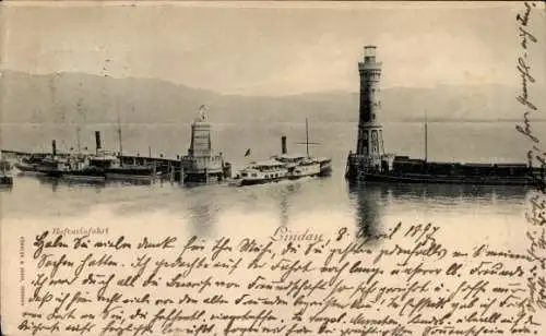 Ak Lindau am Bodensee Schwaben, Hafeneinfahrt, Leuchtturm, Löwenstatue, Dampfschiff