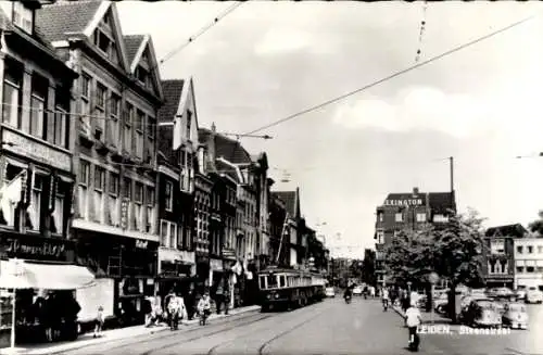 Ak Leiden Südholland Niederlande, Steenstraat, Geschäfte, Straßenbahn