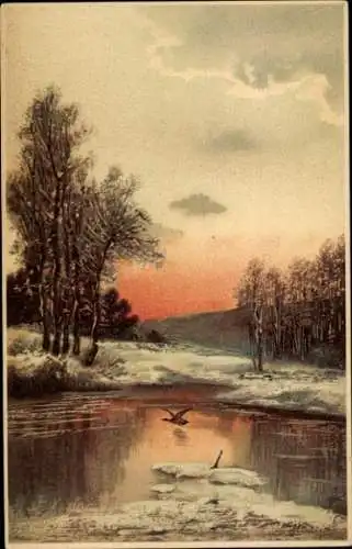 Künstler Ak Winterlandschaft mit Gewässer, Ente im Flug