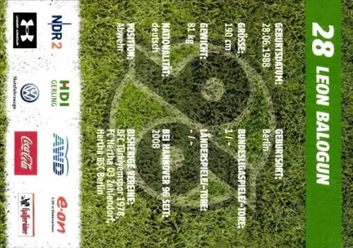Autogrammkarte Fußball, Leon Balogun, Hannover 96
