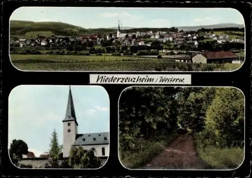 Ak Niederzeuzheim Hadamar in Hessen, Totalansicht, Kirche, Waldweg