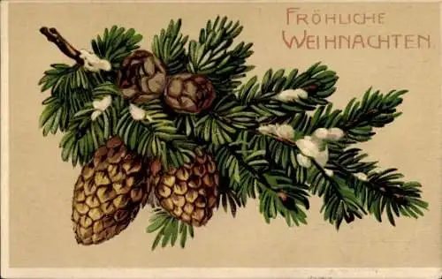 Präge Ak Glückwunsch Weihnachten, Zapfen, Tannenbaumzweig