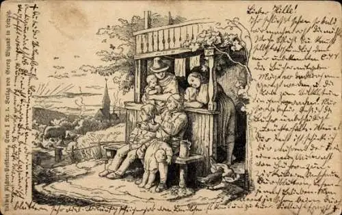 Künstler Ak Richter, Ludwig, Familie vor einem Haus, Serie I Nr. 1