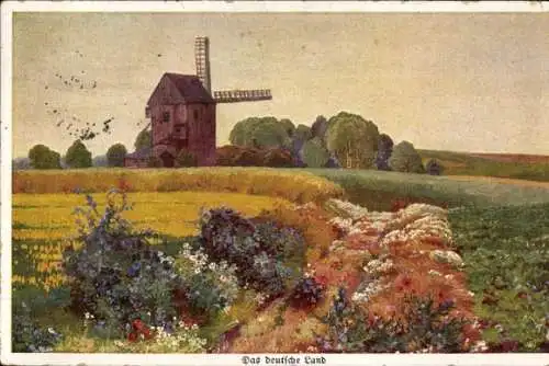 Ak Das deutsche Land, Blumenwiese, Windmühle