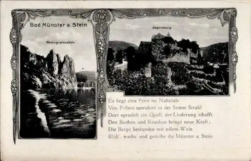 Ak Bad Münster am Stein Ebernburg, Gedicht, Blick zur Burg, Rheingafenstein