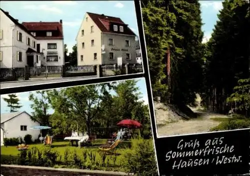 Ak Hausen Waldbrunn Westerwald, Café Pension Hilde Pötsch, Außenansicht, Garten, Waldweg