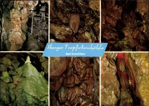 Ak Bad Grund im Harz, Iberger Tropfsteinhöhle, Höhlenbach, Fledermaus, Wasserfall, Zwergengrotte