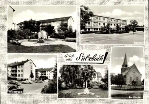 Ak Sulzbach im Taunus, evangelische Kirche, Schule, Waldstraße