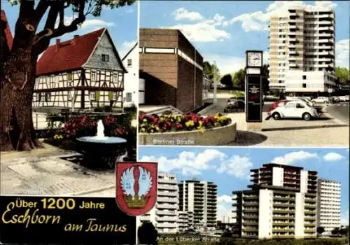 Ak Eschborn im Taunus, Oberort, Berliner Straße, Uhr, Lübecker Straße, Hochhäuser, Wappen