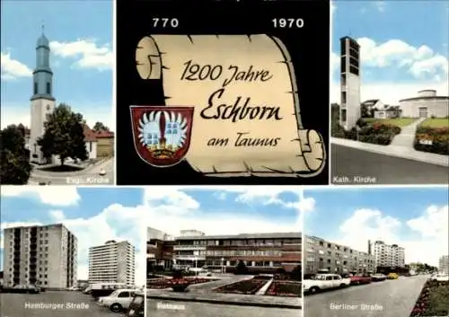 Ak Eschborn im Taunus, ev. Kirche, kath. Kirche, Rathaus, Hamburger Straße, Berliner Straße, Wappen