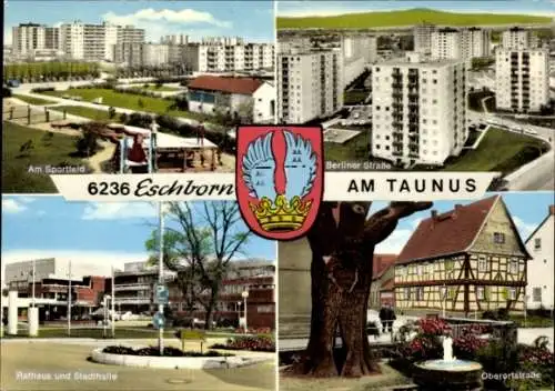 Ak Eschborn am Taunus, Hochhäuser Berliner Straße, Oberortstraße, Rathaus, Sportfeld, Wappen