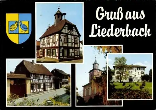 Ak Liederbach am Taunus, Teilansichten, Wappen, Fachwerkhaus