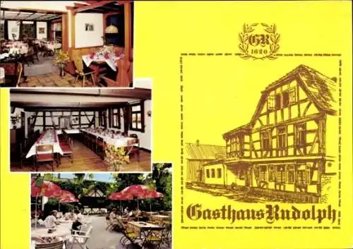 Ak Niederhofheim Liederbach am Taunus, Gasthaus Rudolph, Fachwerkhaus, Terrasse, Gastraum