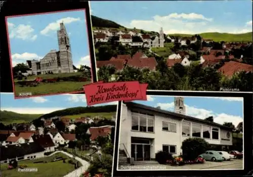 Ak Kombach Biedenkopf an der Lahn, Kirche, Panorama, Dorfgemeinschaftshaus