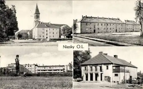 Ak Niesky in der Oberlausitz, Zinzendorfplatz, Schillerstraße, Schauberg, Dwagplatz