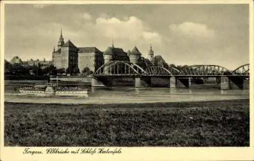 Ak Torgau an der Elbe, Elbbrücke, Schloss Hartenfels, Dampfschiff