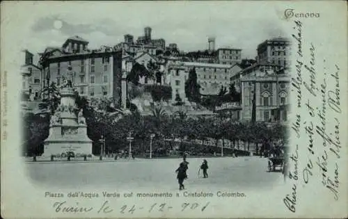 Mondschein Ak Genova Genua Ligurien, Piazza dell'Acqua Verde col monumento a Cristoforo Colombo