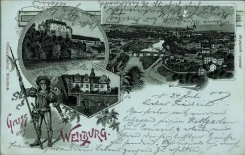 Mondschein Litho Weilburg an der Lahn Hessen, Panorama, Schloss