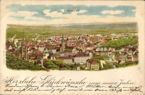 Litho Esslingen am Neckar, Panorama, Glückwunsch Neujahr