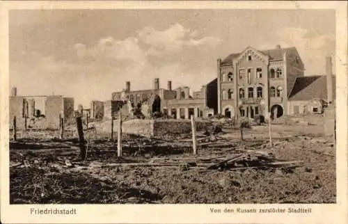 Ak Jaunjelgava Friedrichstadt Lettland, Von den Russen zerstörter Stadtteil