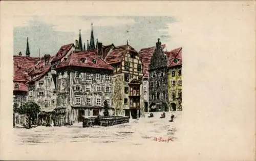 Künstler Ak Lark, B., Eger Reg. Karlsbad, Marktplatz, Häuser, Brunnen