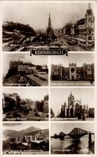Ak Edinburgh Schottland, Princes Street, Schloss, Kathedrale, Forth Bridge, Kriegsdenkmal