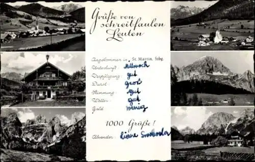 Ak Sankt Martin Hüttau in Salzburg, Panorama, Berge, Gebäude