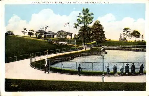 Ak Brooklyn New York City USA, Lake Sunset Park, Bay Bridge