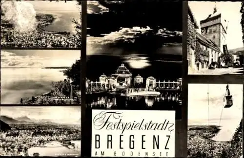 Ak Bregenz am Bodensee Vorarlberg, Panorama, Luftbild, Seilbahn, Nachtansicht