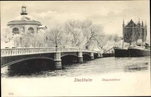 Ak Stockholm Schweden, Skeppsholmbron, Brücke, Segelschiffe