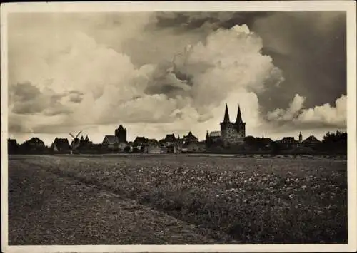 Ak Xanten am Niederrhein, Stadtsilhouette, Dom, Windmühle