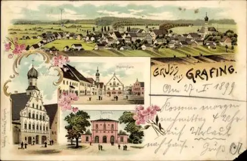 Litho Grafing bei München Oberbayern, Gesamtansicht, Marktplatz, Rathaus, Bahnhof
