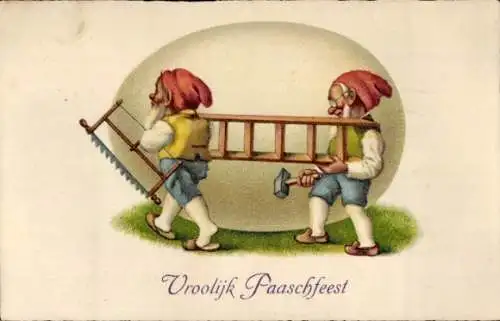 Ak Glückwunsch Ostern, Zwerge, Säge, Hammer, Handwerker